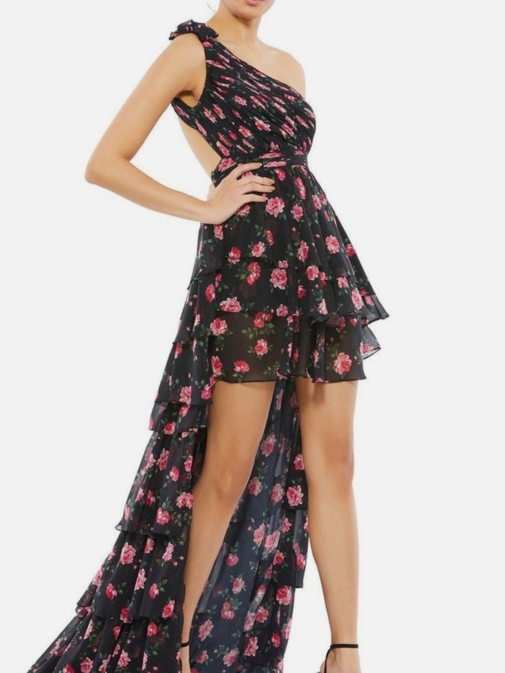 Mac Duggal Black Floral One-Shoulder High-Low Dress